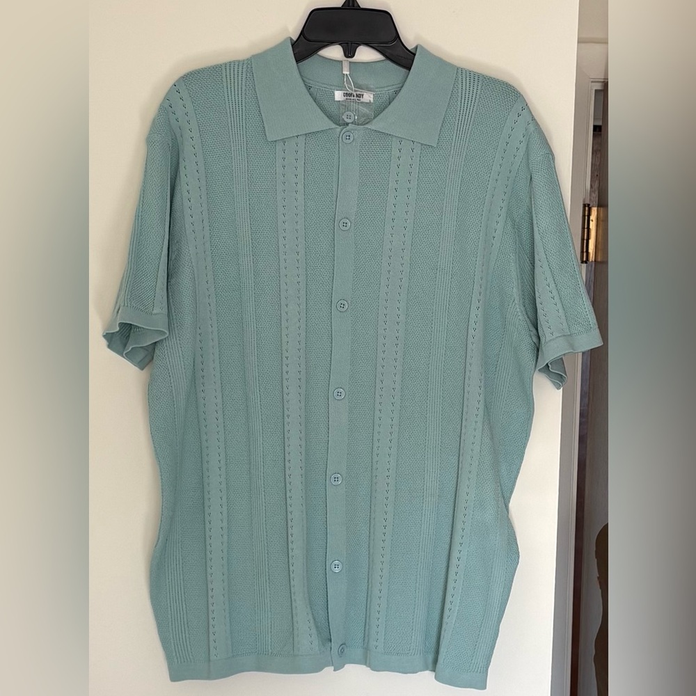 NWT Coofandy Ice Green Knit Button Down Shirt Retro-Inspired Lightweight Boho